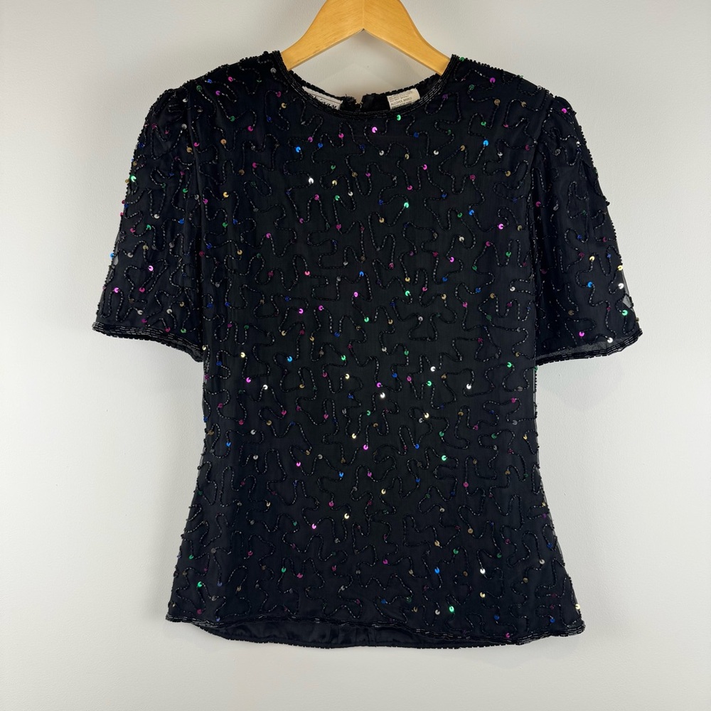 Vintage Sténay 100% silk lined colorful sequin beaded formal evening blouse S